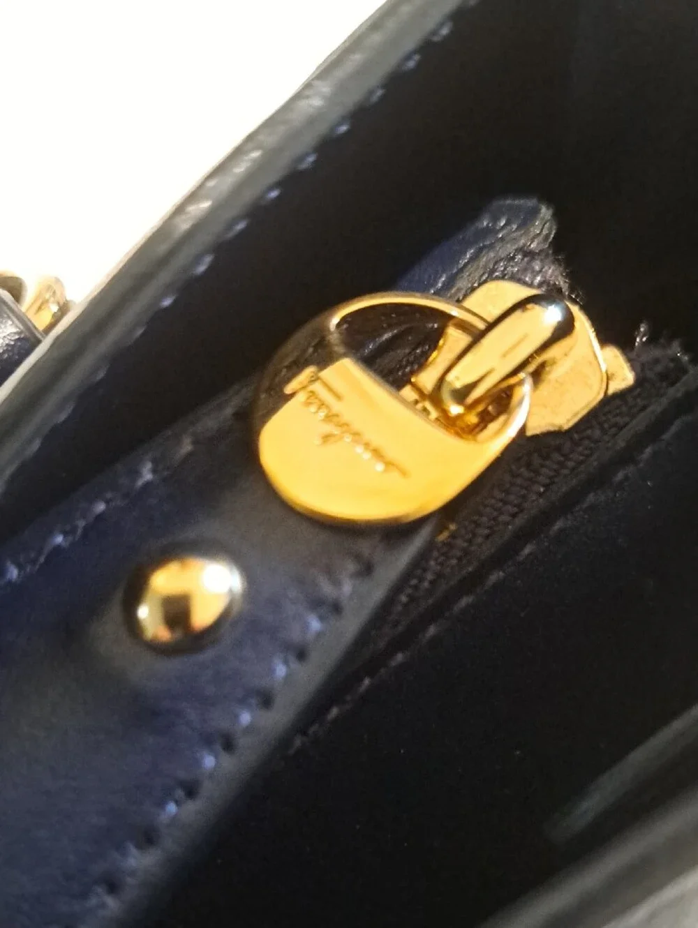 Salvatore Ferragamo Navy Leather Briana Bag with Gold Hardware